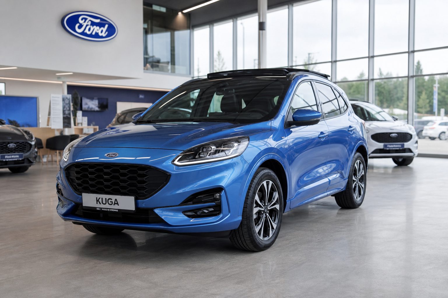 Blauer Ford Kuga im modernen Ausstellungsraum des Autohaus Abele