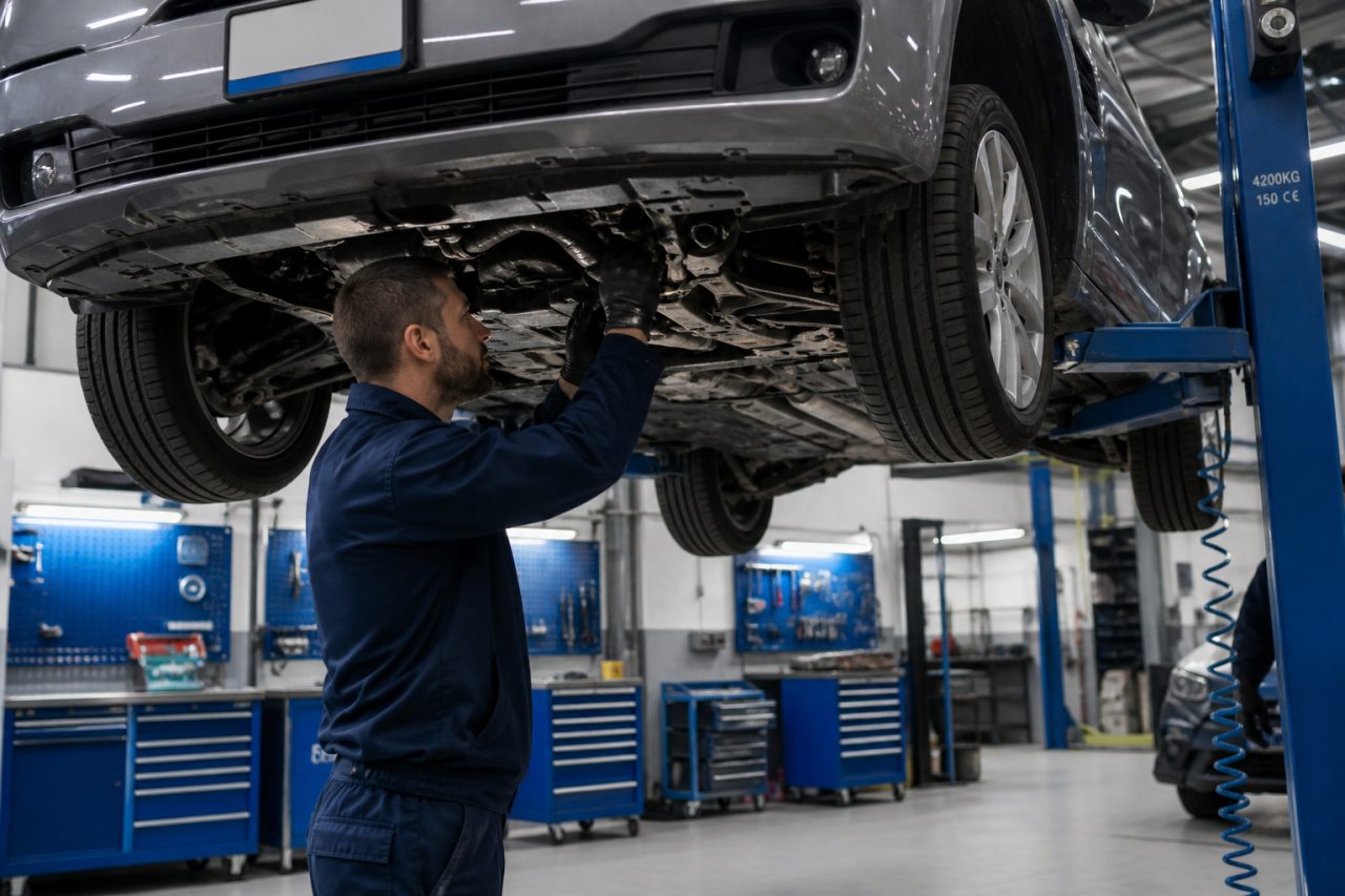 Kfz-Mechaniker bei der Fahrzeugwartung in der Werkstatt des Autohaus Abele